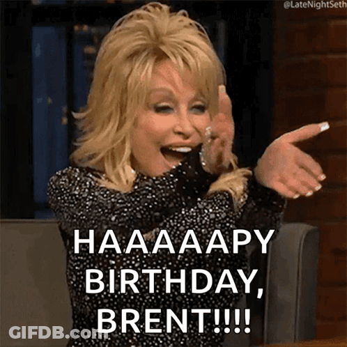 Dolly Parton Says Happy Birthday Brent Pointing At Camera GIF