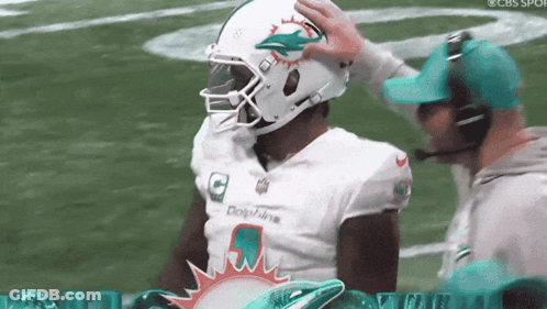 Dolphins Football Player Talking To Coach On Sideline GIF