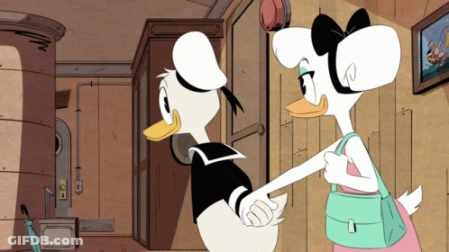 Donald Duck And Daisy Duck Are Holding Hands In A Cartoon GIF