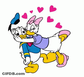 Donald Duck And Daisy Duck Are Hugging Each Other And Surrounded By Hearts . GIF