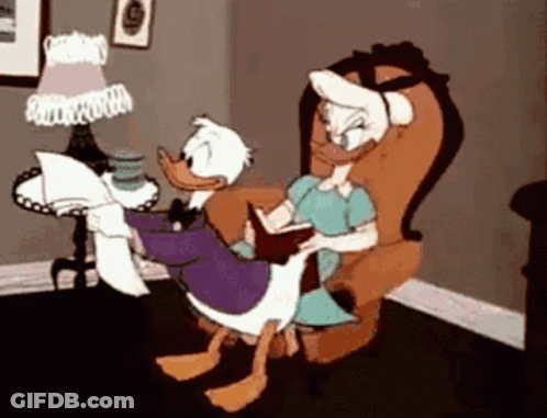 Donald Duck And Daisy Duck Are Sitting In A Chair Reading A Book GIF