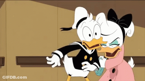 Donald Duck And Daisy Duck Are Standing Next To Each Other In A Cartoon Scene . GIF
