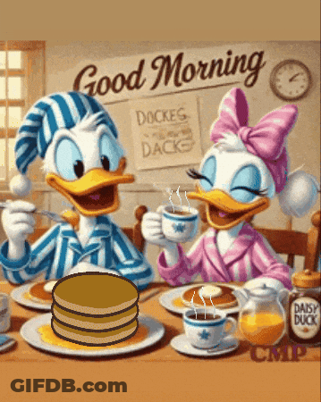 Donald Duck And Daisy Duck Sitting At A Table With Pancakes And Coffee GIF