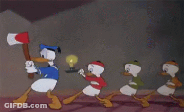 Donald Duck Holding Light Bulb And Axe With Three Ducks Running Behind GIF