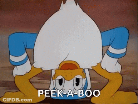 Donald Duck Is Doing A Handstand With The Words Peek-A-Boo Below Him . GIF