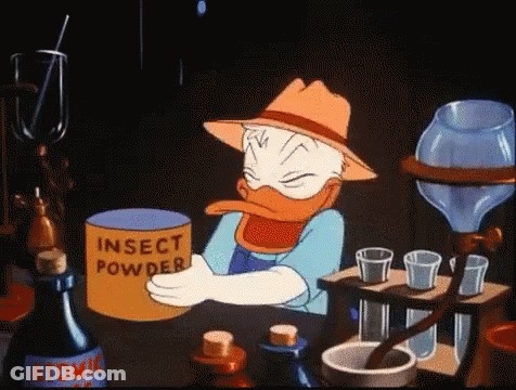 Donald Duck Is Holding A Can Of Insect Powder In His Hand GIF