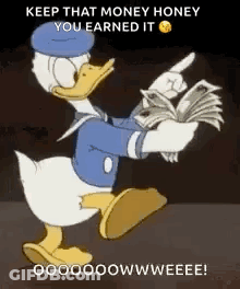 Donald Duck Is Holding A Fan Of Money And Pointing At It . GIF