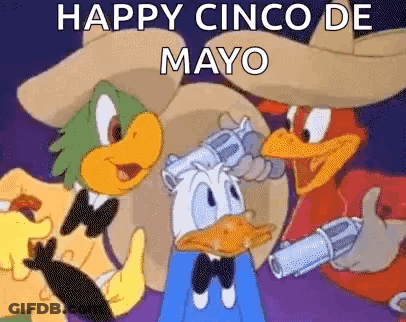 Donald Duck Is Holding A Gun In A Cartoon While Two Other Birds Are Holding Hats . GIF
