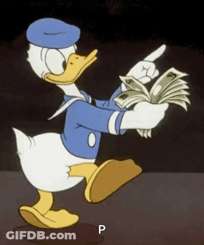 Donald Duck Is Holding A Stack Of Money In His Hands And Pointing At It . GIF