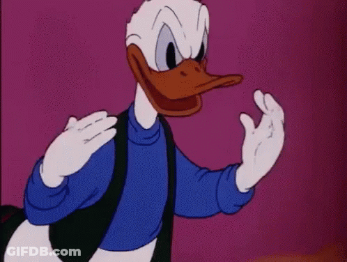 Donald Duck Is Wearing A Blue Sweater And A Black Vest And Waving His Hands . GIF
