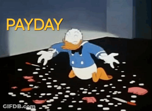 Donald Duck Laying On Ground With Word Payday GIF