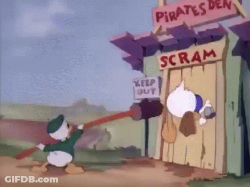 Donald Duck Pushing Hammer Into Door Saying Scram GIF