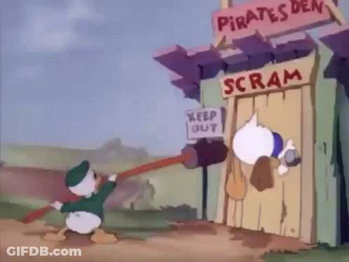 Donald Duck Pushing Hammer Into Door Saying Scram GIF
