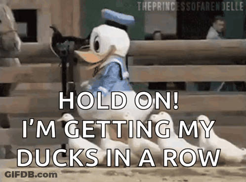 Donald Duck Says Hold On I'm Getting My Ducks In A Row In Front Of A Horse GIF