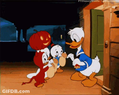 Donald Duck Trick Or Treating With Pumpkin On Head GIF