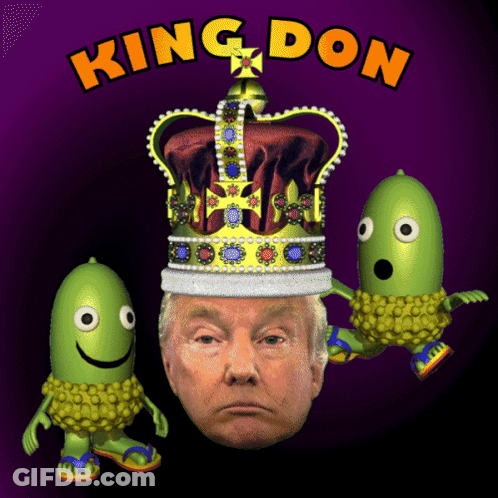 Donald Trump Cartoon With Crown And Green Acorns GIF
