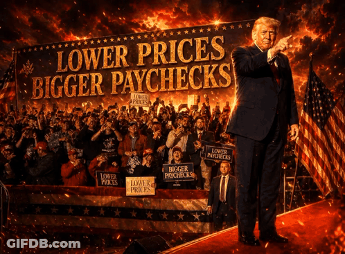 Donald Trump In Front Of Crowd With Lower Prices Bigger Paychecks Signs GIF