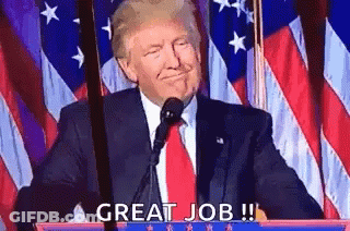 Donald Trump Is Giving A Speech At A Podium In Front Of An American Flag And Says `` Great Job '' . GIF