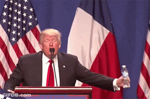 Donald Trump Is Giving A Speech At A Podium While Holding A Water Bottle GIF