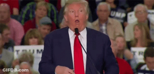 Donald Trump Is Making A Funny Face While Speaking Into A Microphone In Front Of A Crowd Of People . GIF