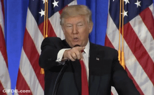 Donald Trump Is Pointing At The Camera While Standing In Front Of An American Flag GIF