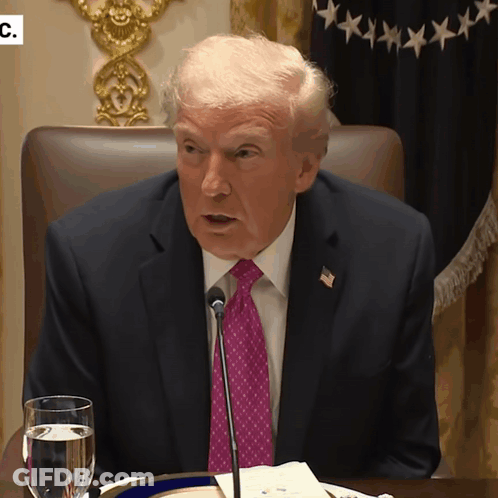 Donald Trump Is Sitting At A Table With A Glass Of Water And A Microphone GIF