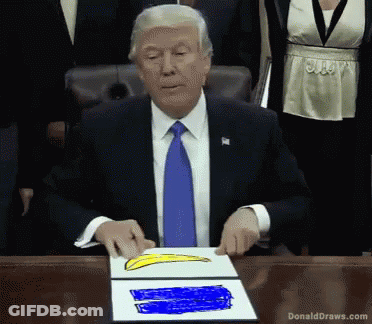 Donald Trump Is Sitting At A Table With A Picture Of A Banana On It GIF