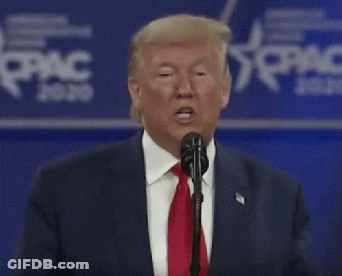 Donald Trump Is Speaking Into A Microphone In Front Of A Sign That Says Pac 2020 GIF