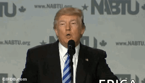 Donald Trump Is Speaking Into A Microphone In Front Of A Wall That Says Nabtu GIF