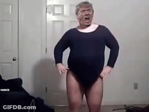 Donald Trump Is Wearing A Leotard And Making A Funny Face While Standing In A Room . GIF
