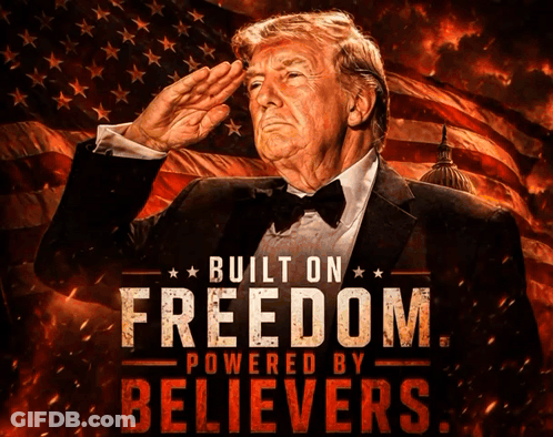 Donald Trump Salutes In Front Of An American Flag With Built On Freedom Powered By Believers GIF