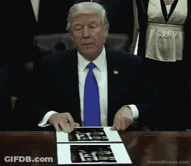 Donald Trump Sitting At Desk With Self Portrait GIF