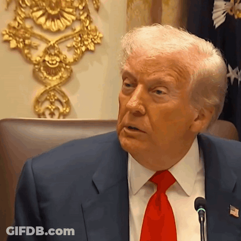 Donald Trump Wearing A Blue Suit And Red Tie Speaking Into A Microphone GIF