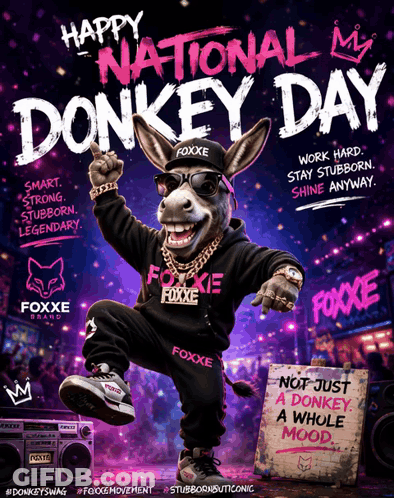 Donkey Day Advertisement With Donkey In Foxxe Sweatshirt GIF