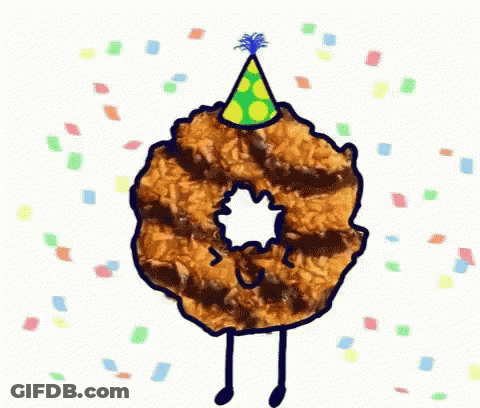 Donut With Arms And Legs Wearing Party Hat GIF