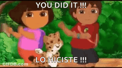 Dora And Diego From Dora The Explorer Are Standing Next To Each Other Holding A Cat . GIF