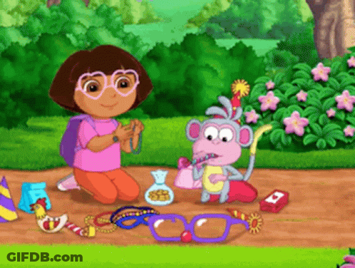 Dora The Explorer Is Kneeling Next To A Monkey With A Party Hat On GIF