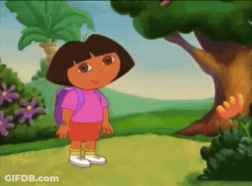 Dora The Explorer Is Standing In A Field With A Tree In The Background GIF