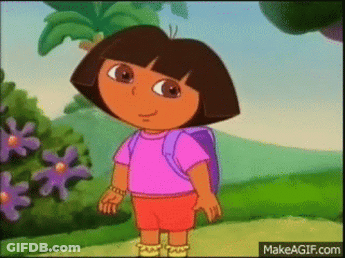 Dora The Explorer Is Standing In A Field With Flowers And Trees In The Background . GIF