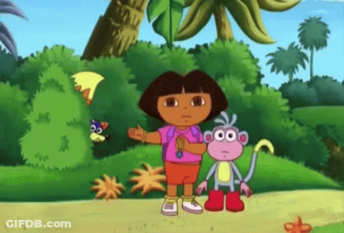 Dora The Explorer Is Standing Next To A Monkey And A Fox GIF