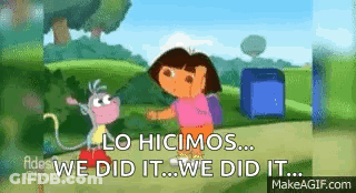 Dora The Explorer Is Standing Next To A Monkey And Says `` We Did It ... We Did It . '' GIF