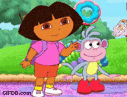 Dora The Explorer Is Standing Next To A Monkey Holding A Lollipop GIF