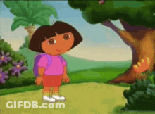 Dora The Explorer Is Standing Next To A Tree In A Cartoon Scene GIF