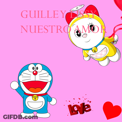 Doraemon And Dorami On Pink Background Saying Guilley Lissy Nuestro Amor GIF