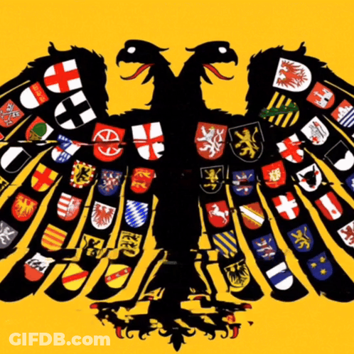 Double Headed Eagle Surrounded By Coats Of Arms And Flags GIF