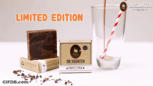 Dr Squatch Choccy Milk Soap Box Next To Glass GIF