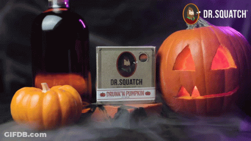 Dr. Squatch Drunk 'N Pumpkin Box Next To Carved Pumpkin GIF