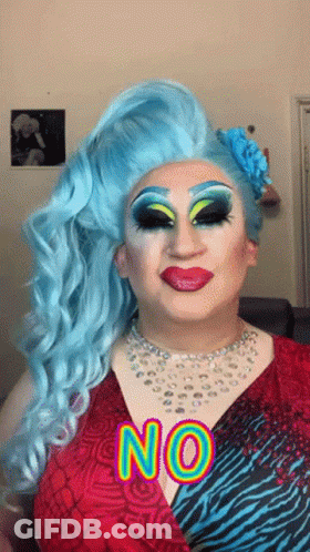 Drag Queen With Blue Hair In Red And Blue Dress Saying No GIF