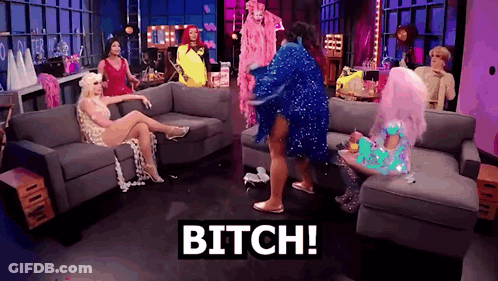 Drag Queens Sitting On Couch Saying Bitch GIF