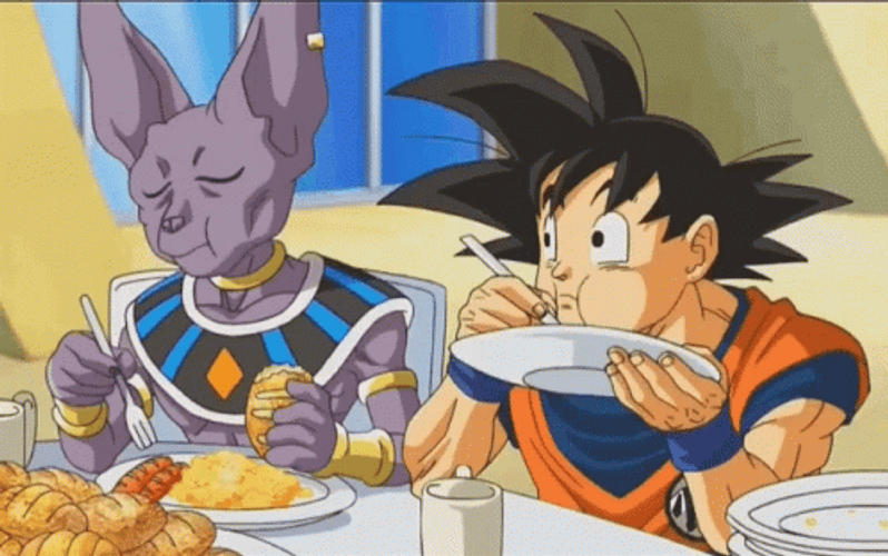 Dragon Ball Beerus Enjoys Eating Meal With Goku GIF